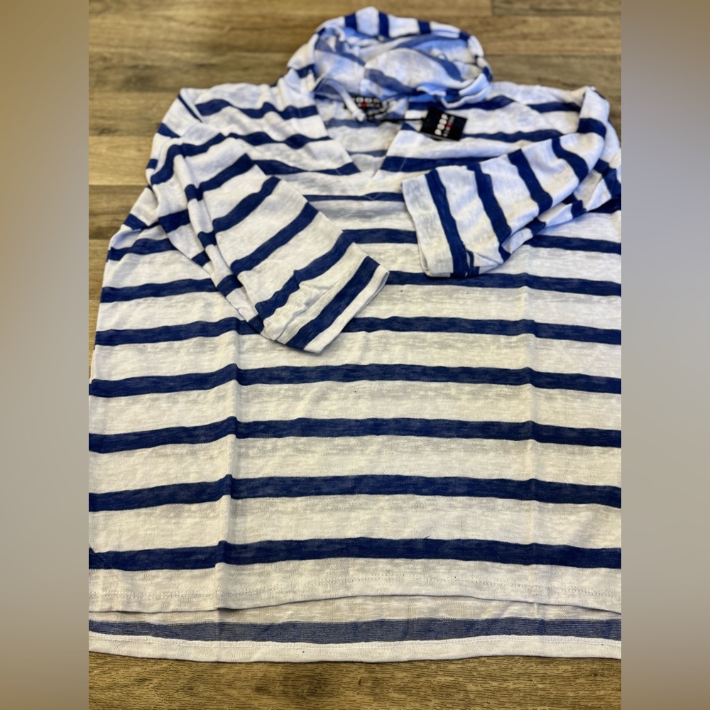 NWT Poof New York Striped Hoodie 3/4 Length Sleeve Shirt Blue And White Size‎ L